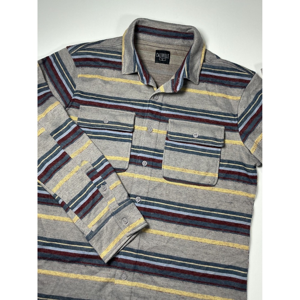 Caliville Men's Striped Blanket Flannel Shirt Jacket Gray Blue Yellow Size L